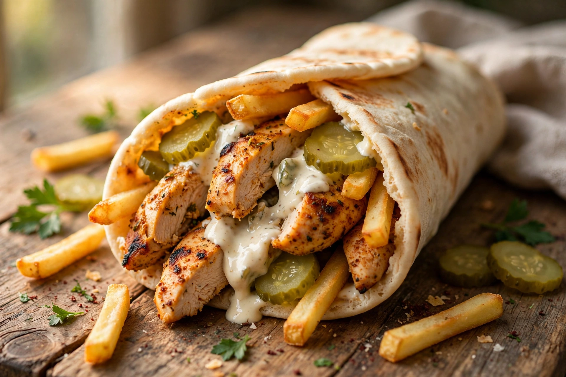 Chicken shawarma wrap with fries