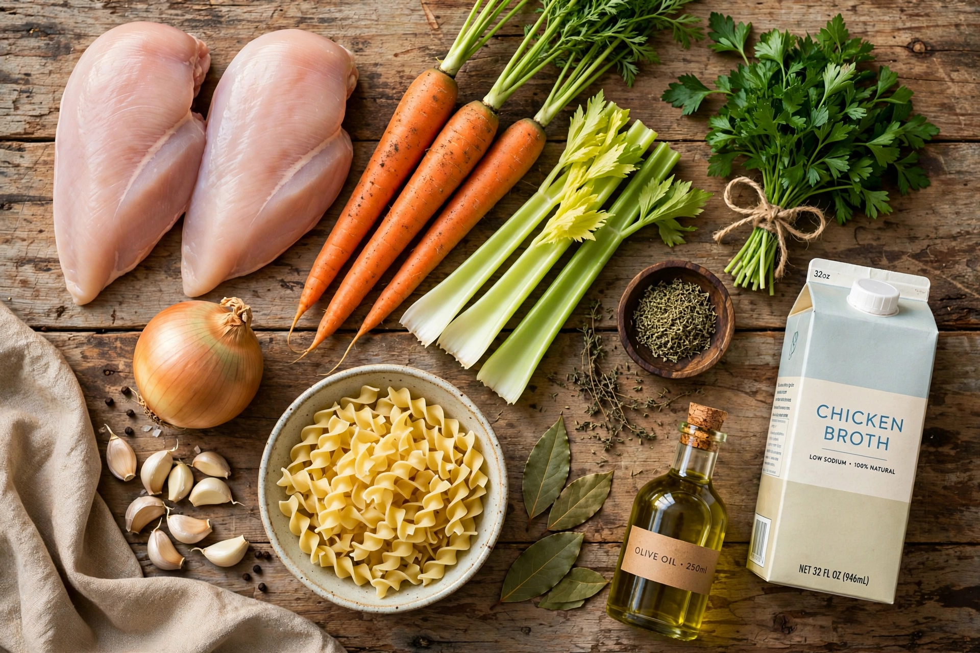 Ingredients for classic chicken soup arranged on a countertop