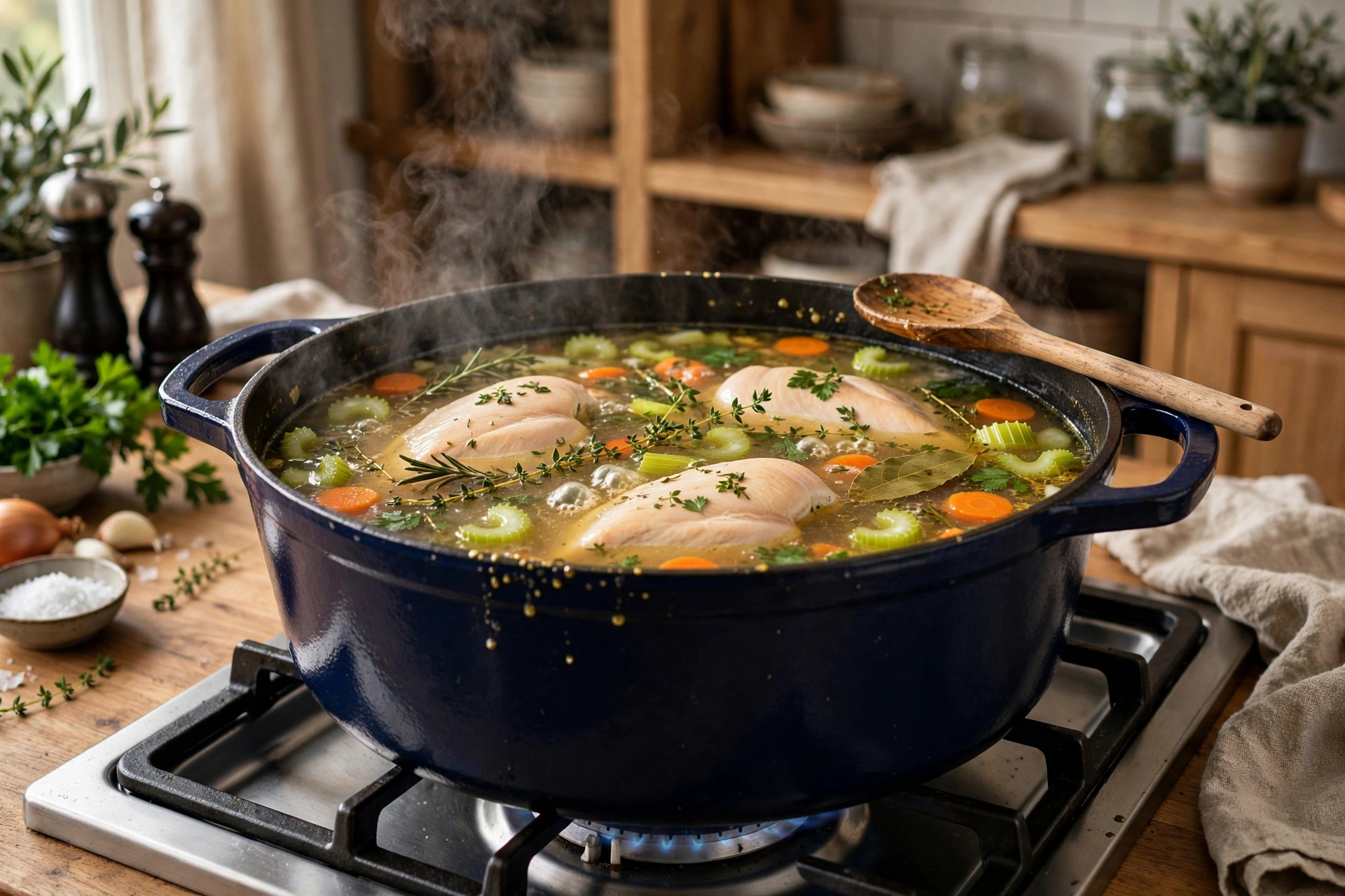 Sautéing vegetables and simmering chicken soup in a Dutch oven
