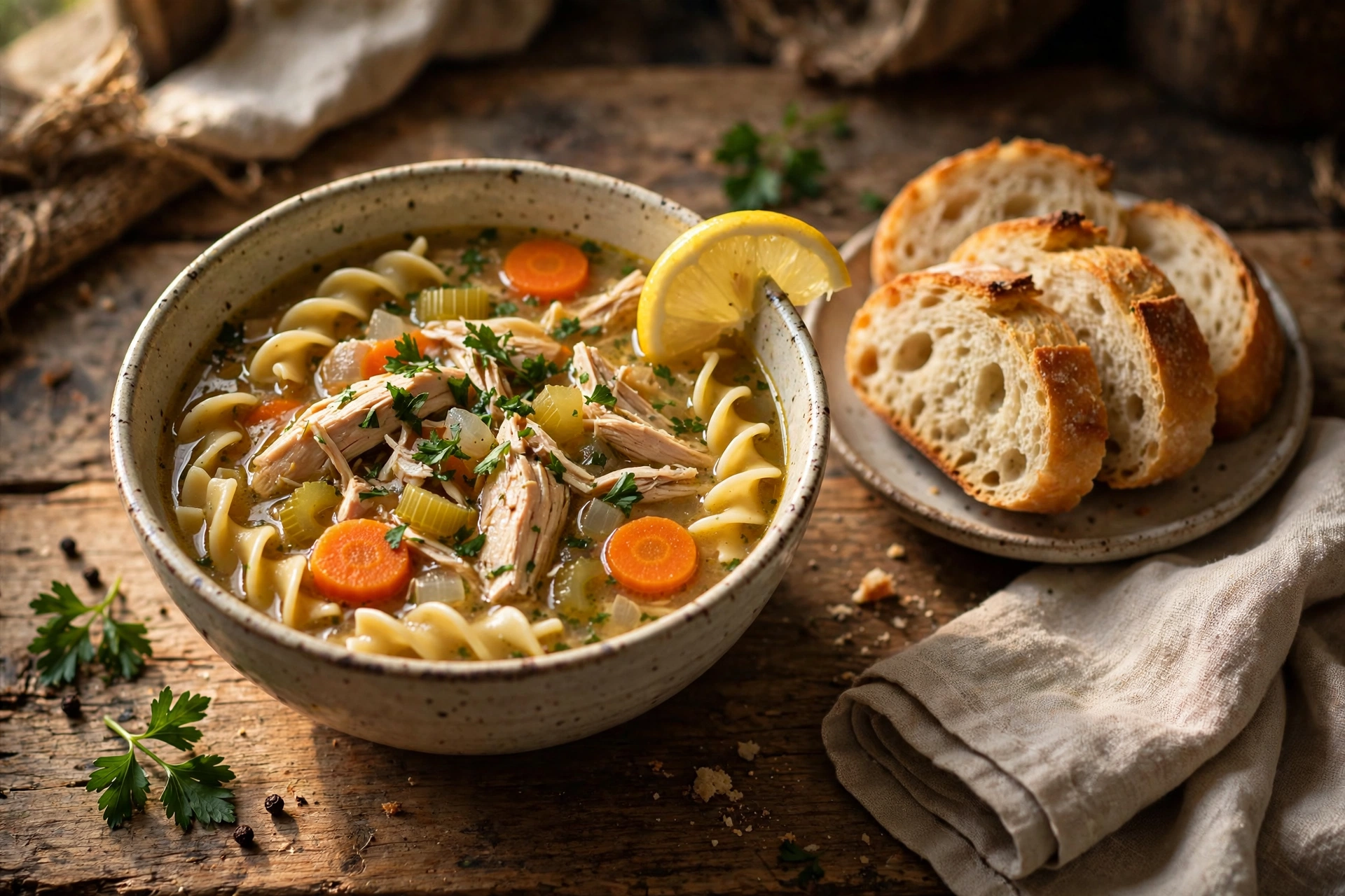 Bowl of homemade chicken soup with egg noodles and fresh parsley