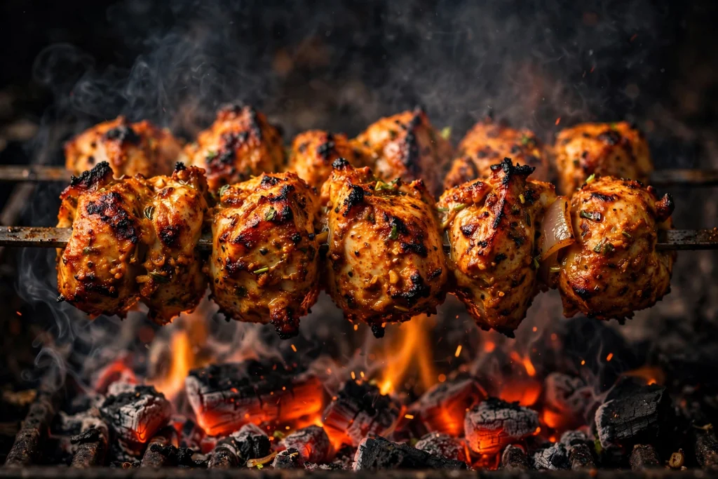 Chicken tikka charring under the broiler