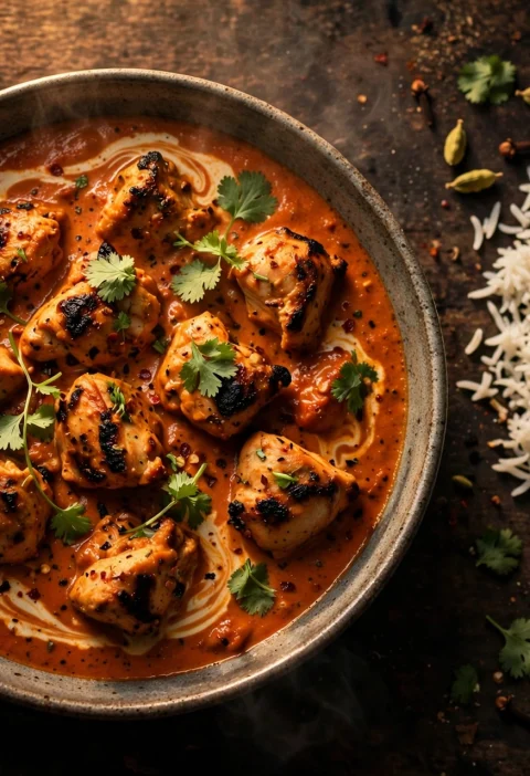 Bowl of smoky chicken tikka masala with basmati rice