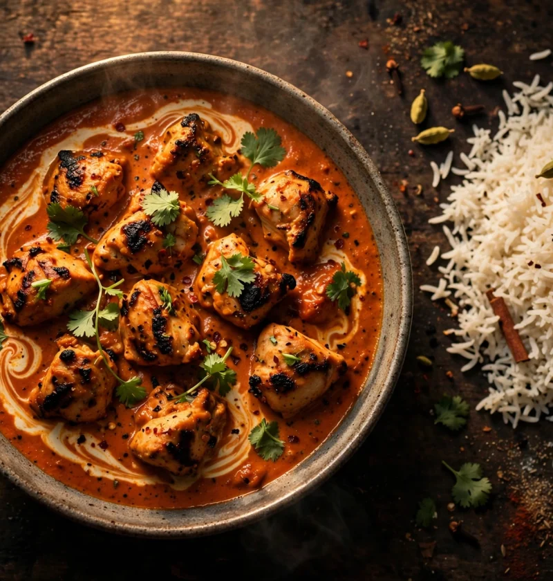 Bowl of smoky chicken tikka masala with basmati rice