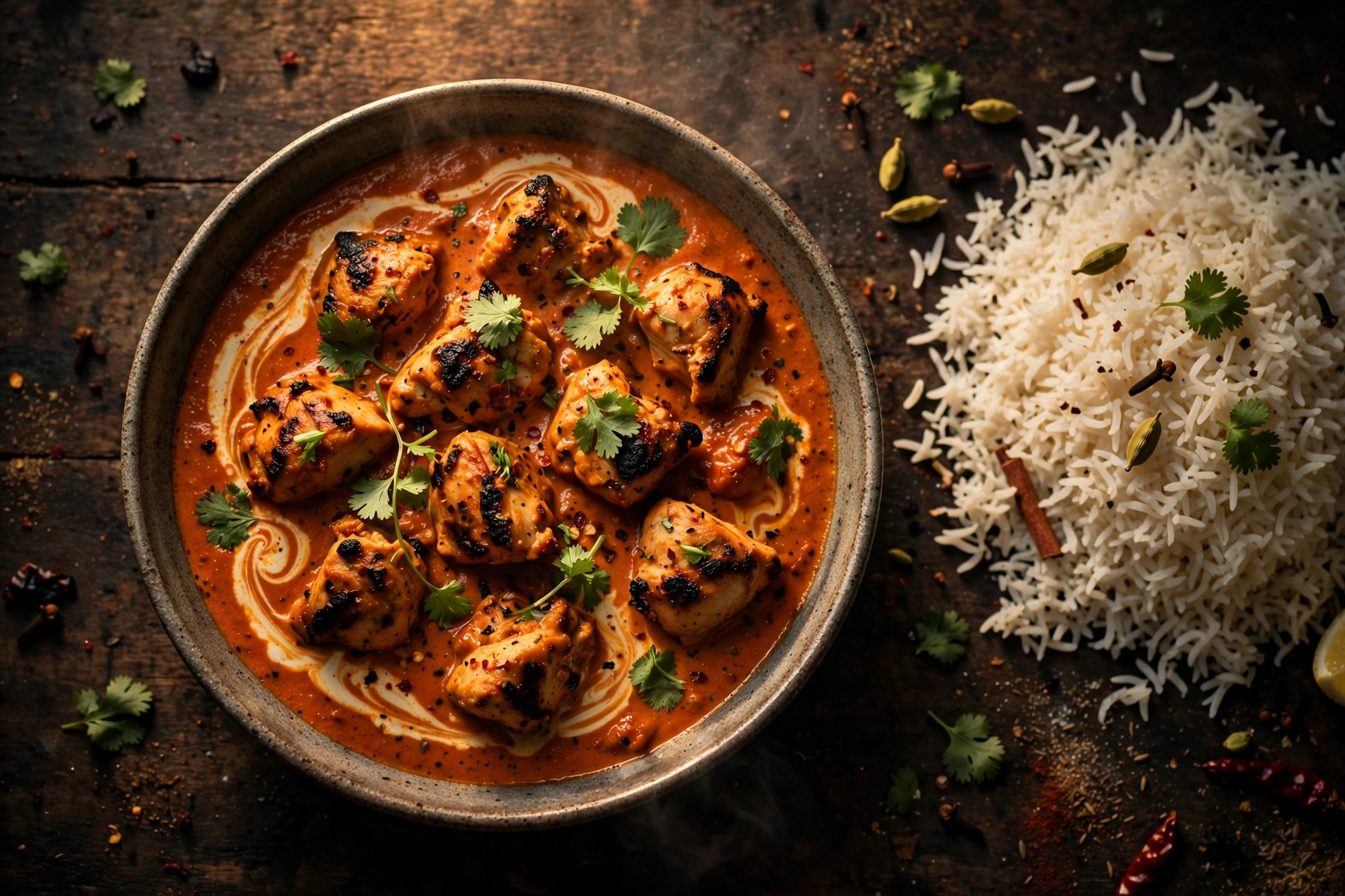 Bowl of smoky chicken tikka masala with basmati rice