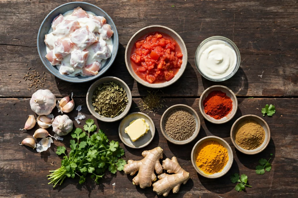 Chicken tikka masala ingredients laid out