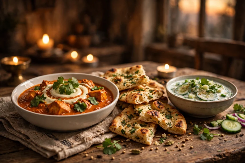 Bowl of chicken tikka masala with naan