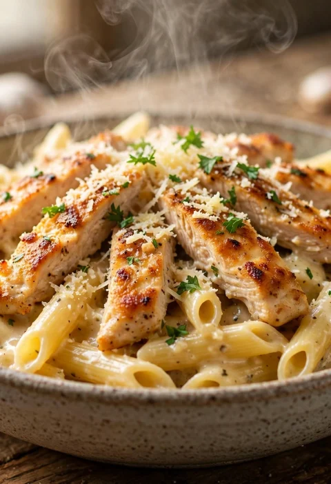 Bowl of creamy garlic chicken pasta topped with parmesan and parsley