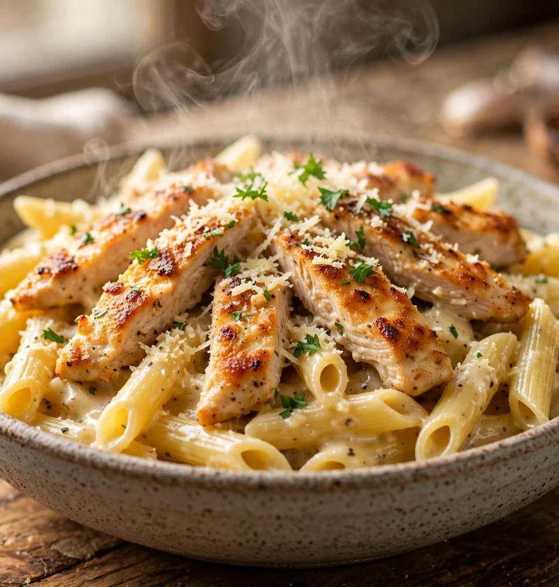 Bowl of creamy garlic chicken pasta topped with parmesan and parsley