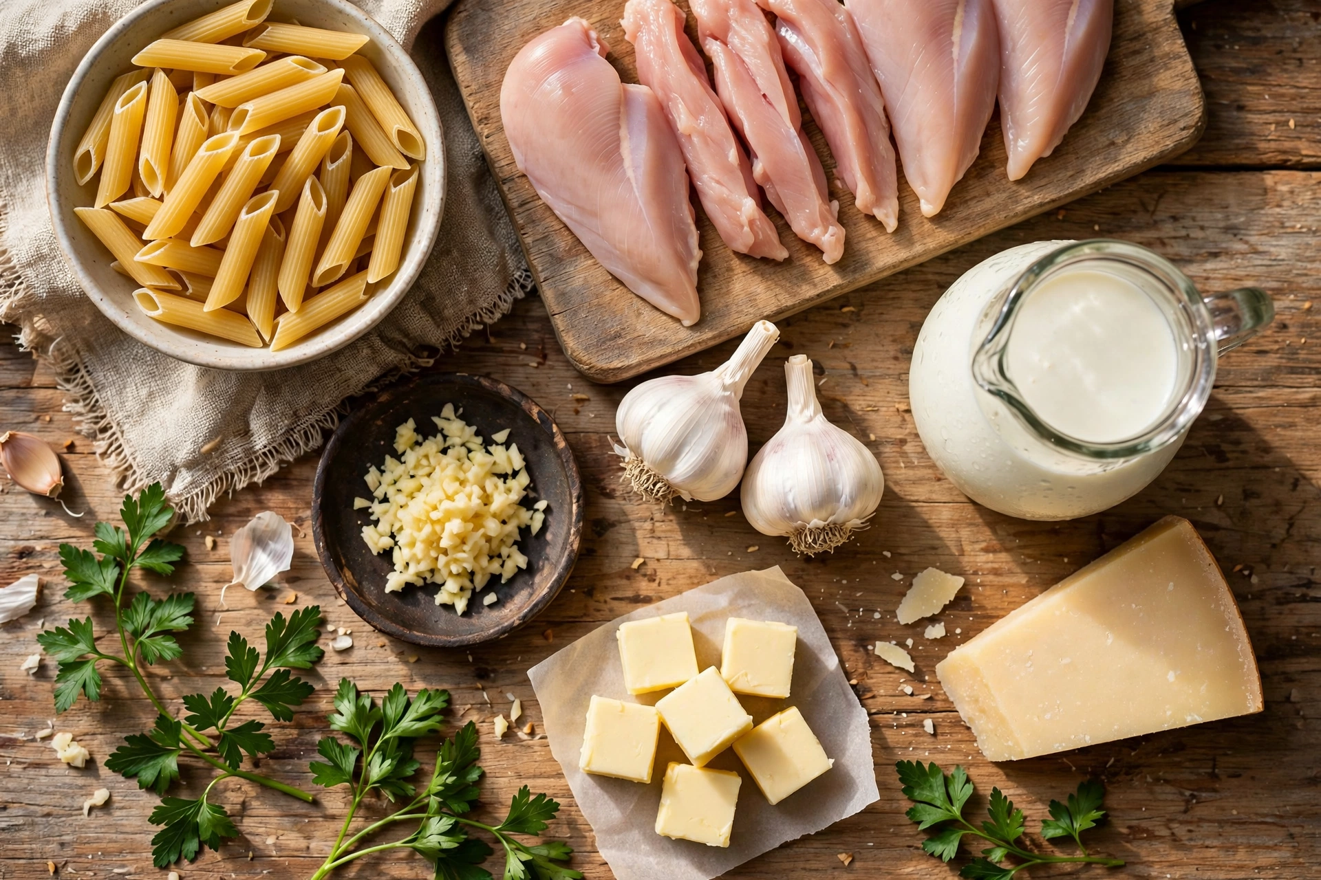 Ingredients for creamy garlic chicken pasta arranged on a counter