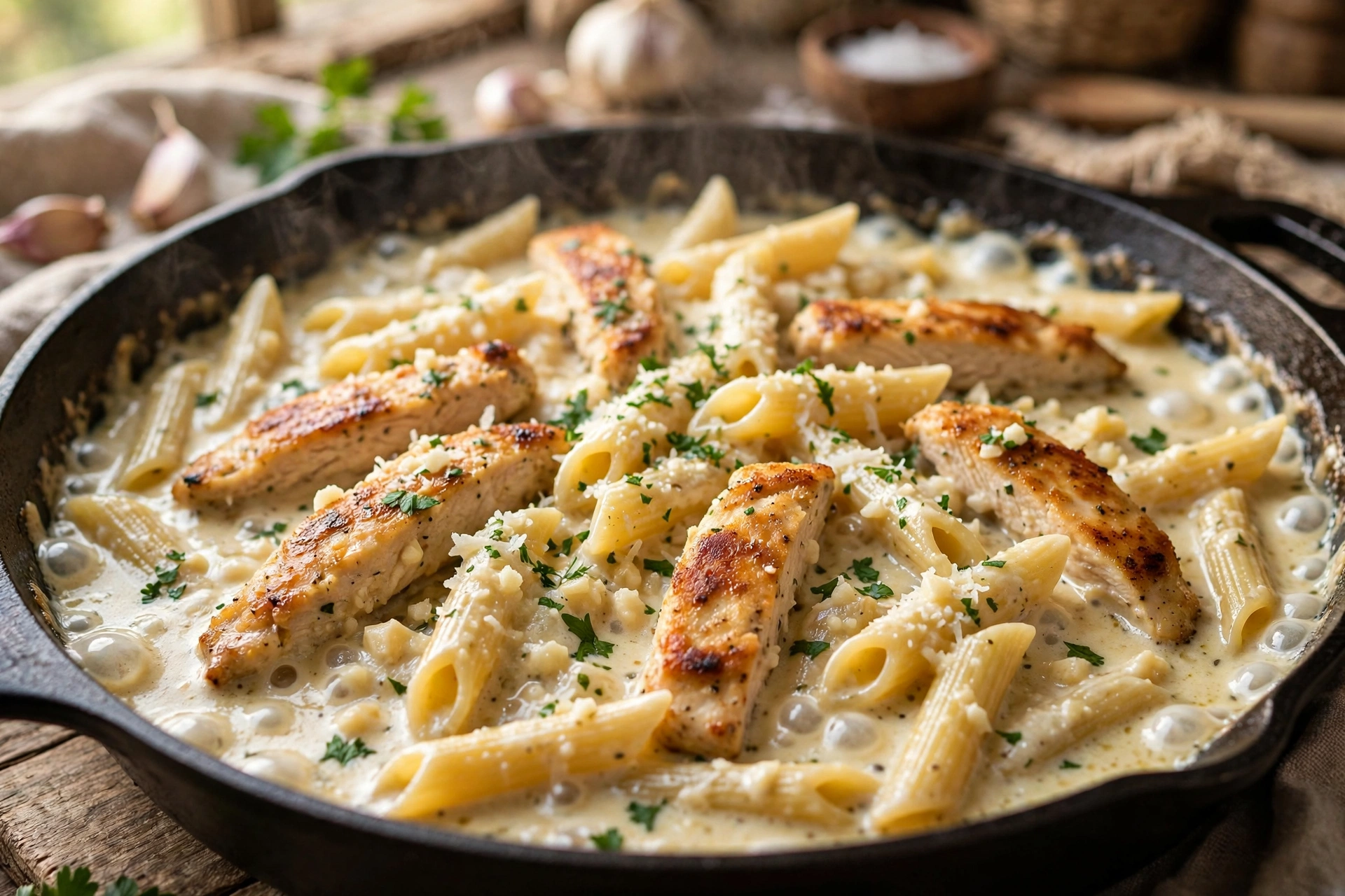 Chicken strips searing in a pan with garlic butter