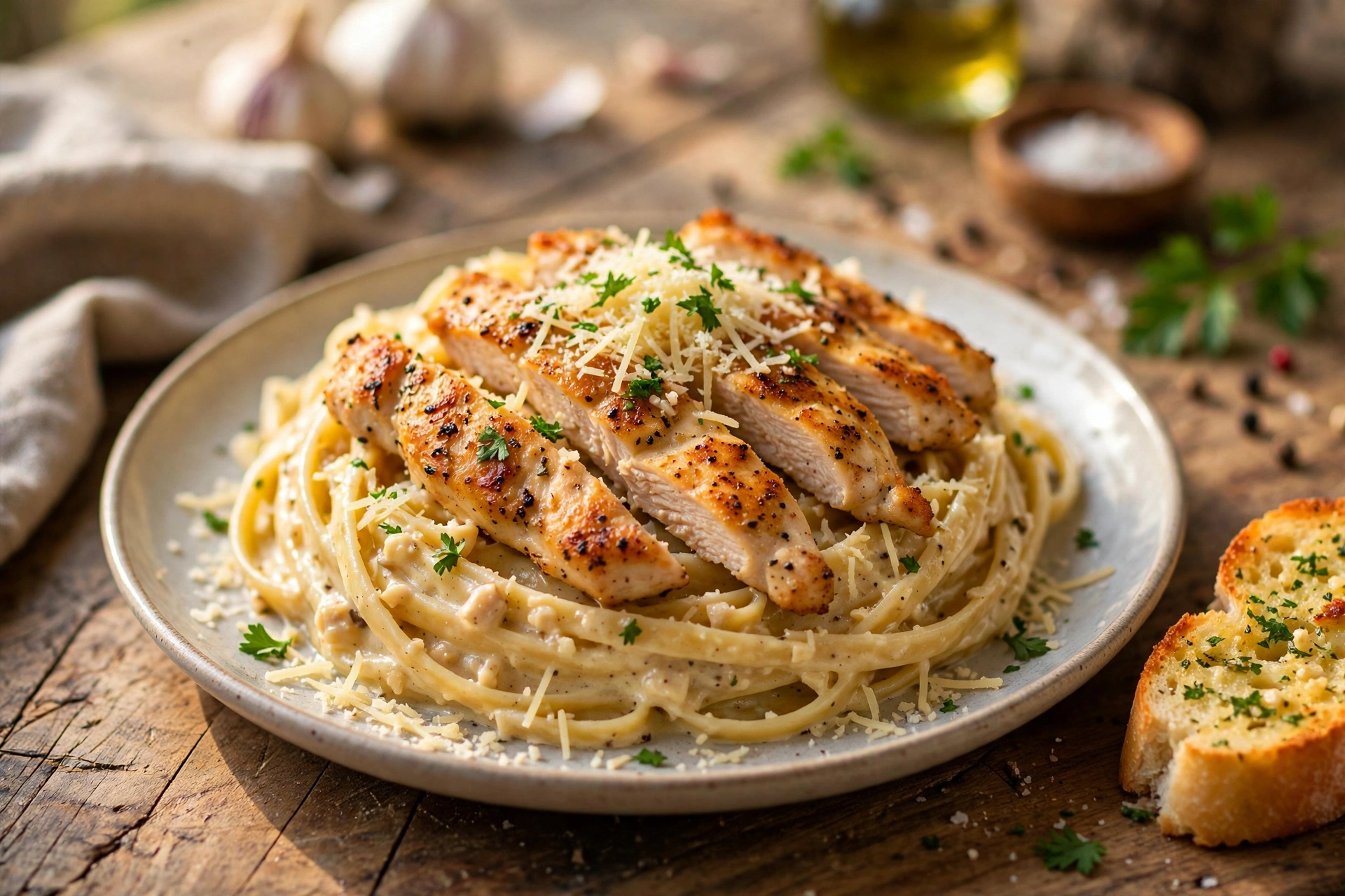 Plated creamy garlic chicken pasta garnished with parsley and parmesan