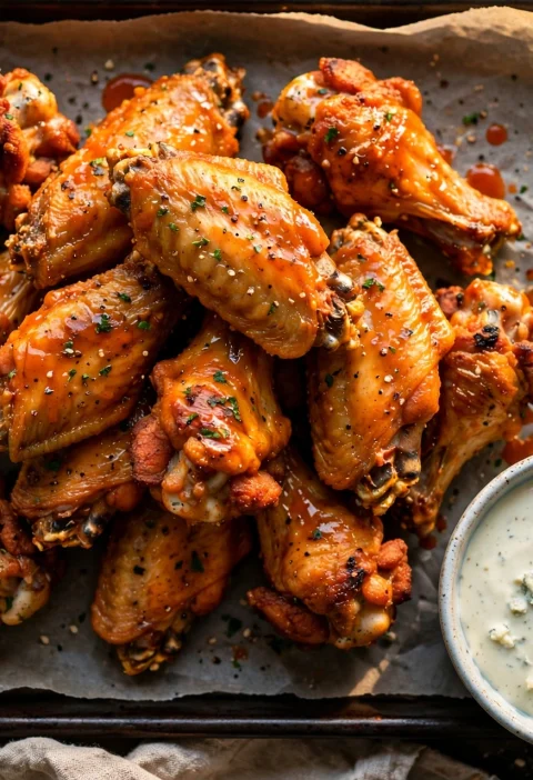 Extra crispy baked buffalo chicken wings on a baking sheet with blue cheese dressing and celery sticks