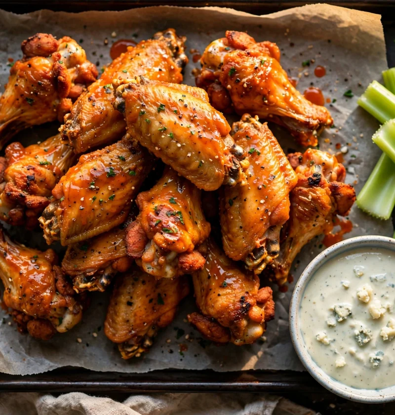 Extra crispy baked buffalo chicken wings on a baking sheet with blue cheese dressing and celery sticks