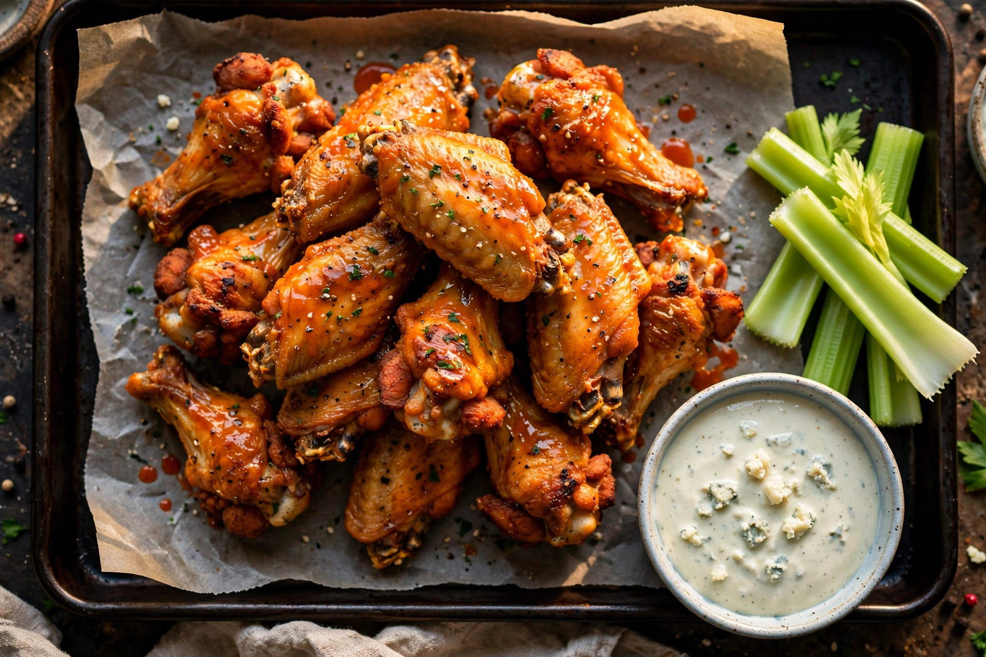 Extra crispy baked buffalo chicken wings on a baking sheet with blue cheese dressing and celery sticks