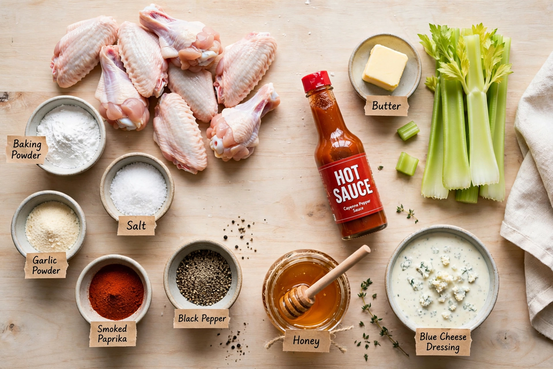 Ingredients for crispy baked chicken wings arranged on a countertop