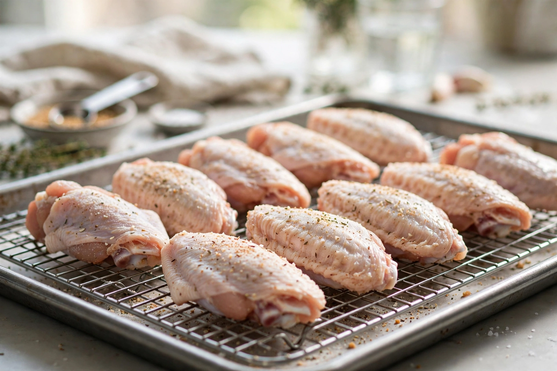 Seasoning chicken wings with baking powder rub and arranging on a wire rack