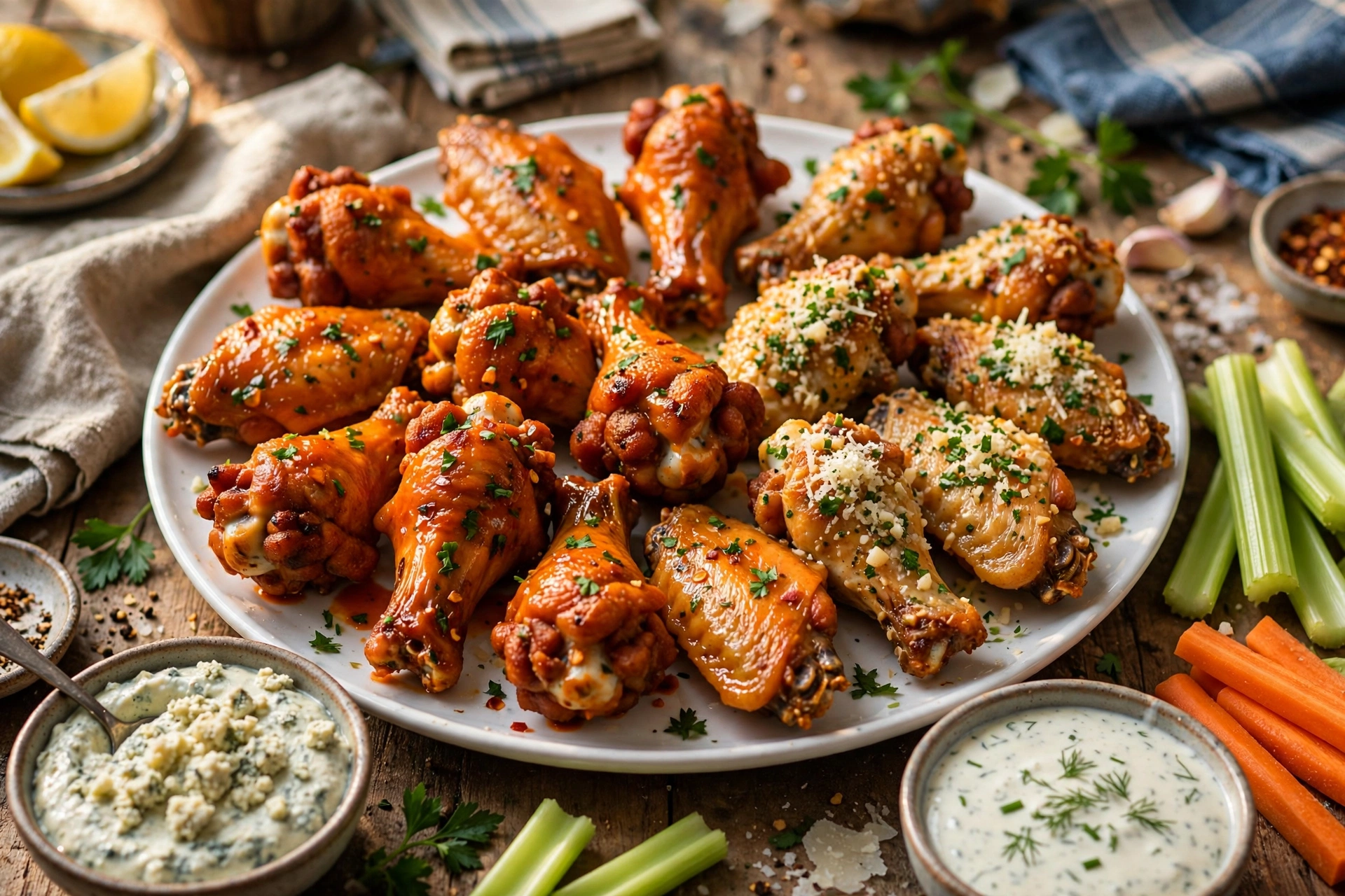 Crispy baked buffalo chicken wings served with blue cheese dressing and celery sticks