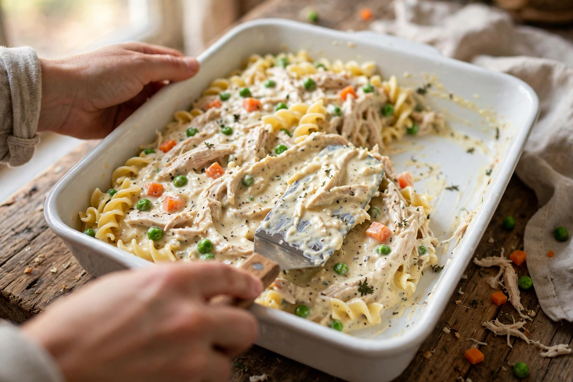Assembling chicken casserole in a baking dish
