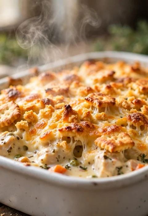 Creamy chicken casserole in a baking dish with golden cheesy topping