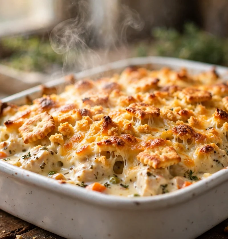 Creamy chicken casserole in a baking dish with golden cheesy topping