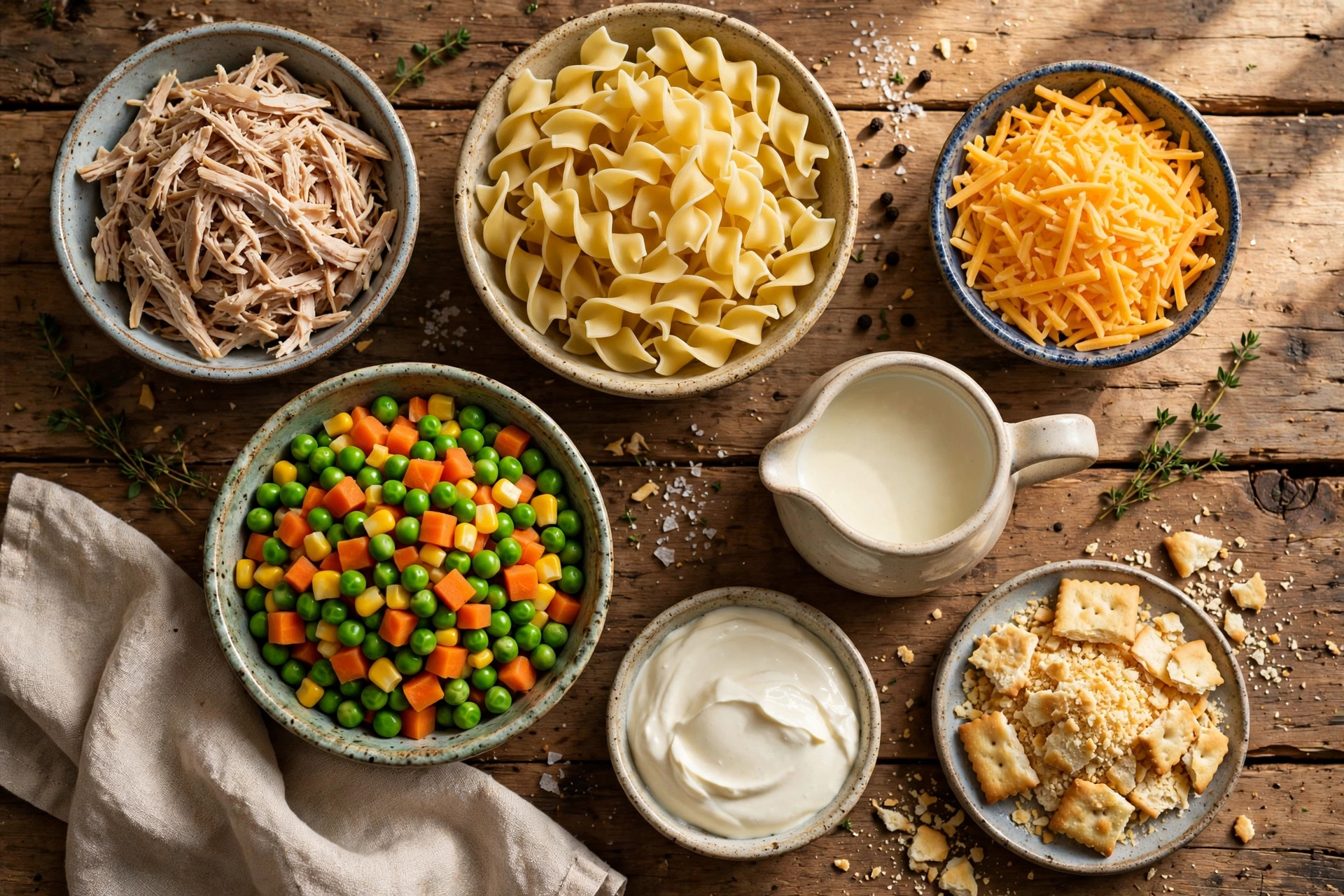 Chicken casserole ingredients: shredded chicken, egg noodles, cheese, vegetables