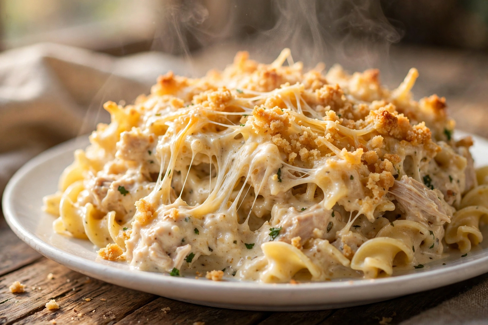 Serving of cheesy chicken casserole on a plate