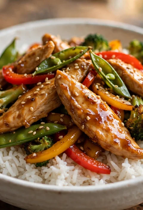 Chicken stir fry in a bowl over jasmine rice with sesame seeds