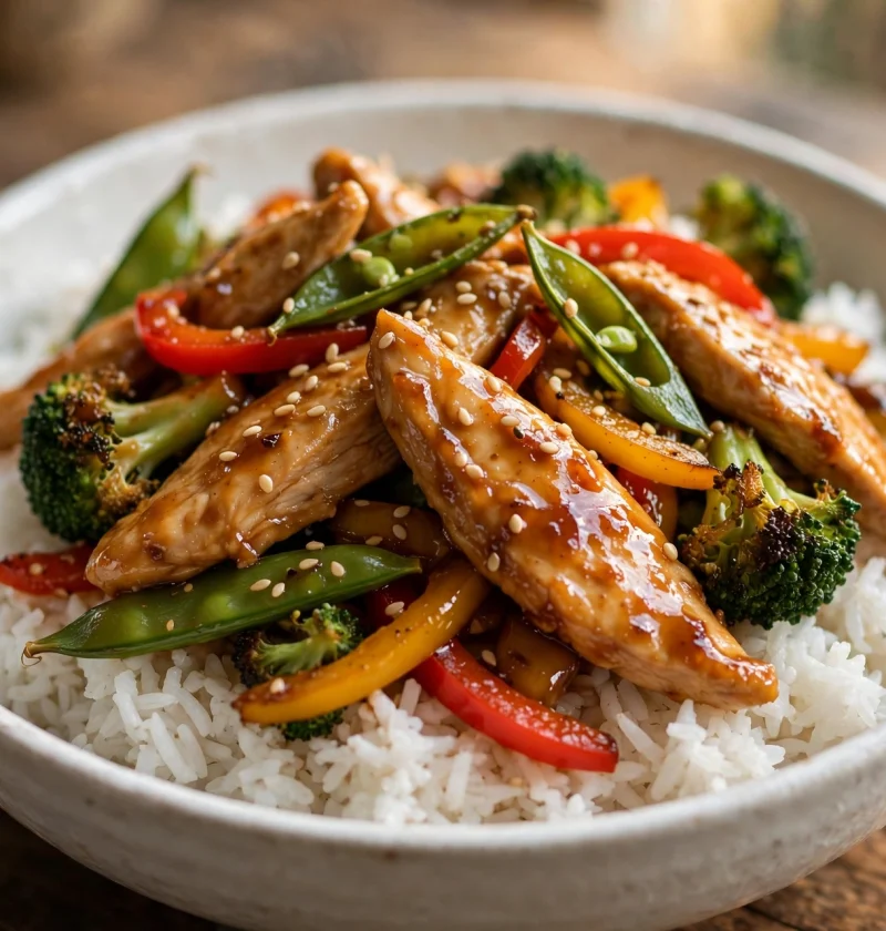Chicken stir fry in a bowl over jasmine rice with sesame seeds