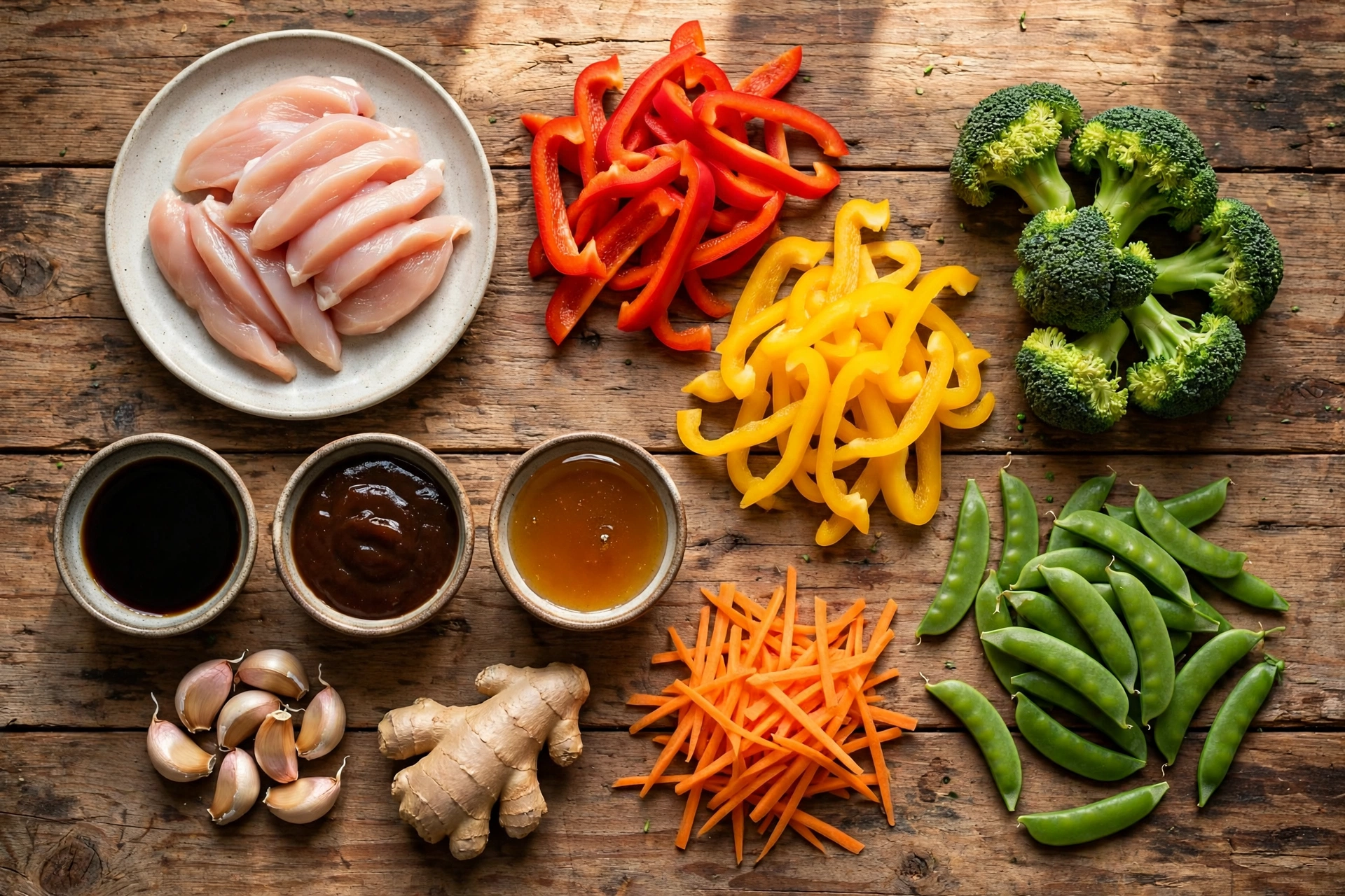 Chicken stir fry ingredients laid out: sliced chicken, bell peppers, broccoli, snap peas, carrots and sauces