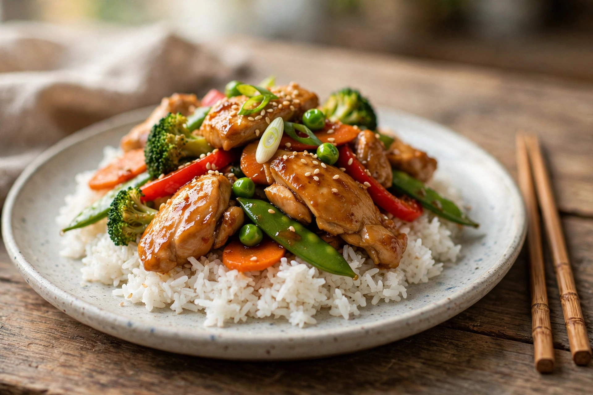 Plated chicken stir fry over rice with chopsticks