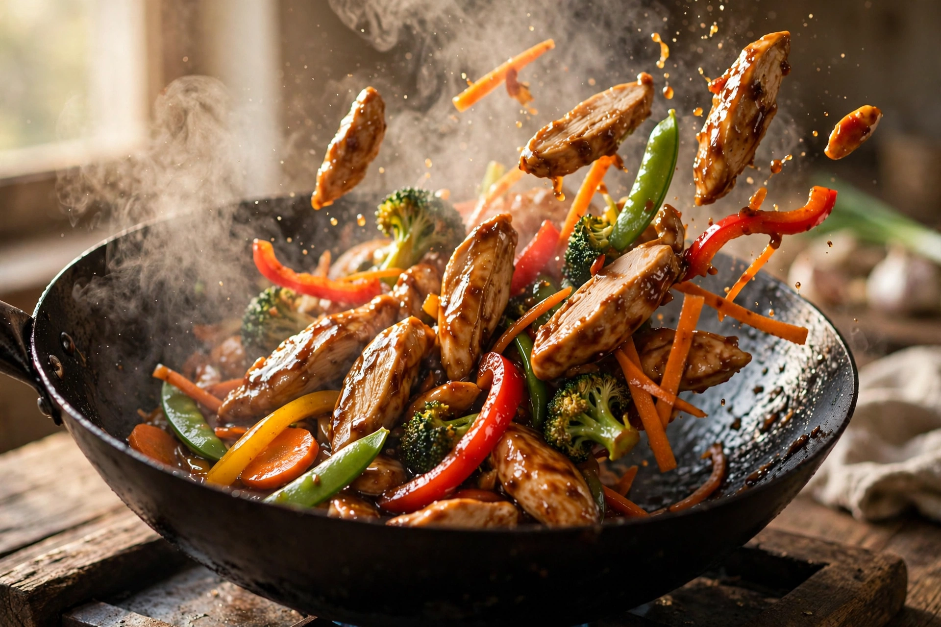 Chicken and vegetables stir-frying in a wok with steam