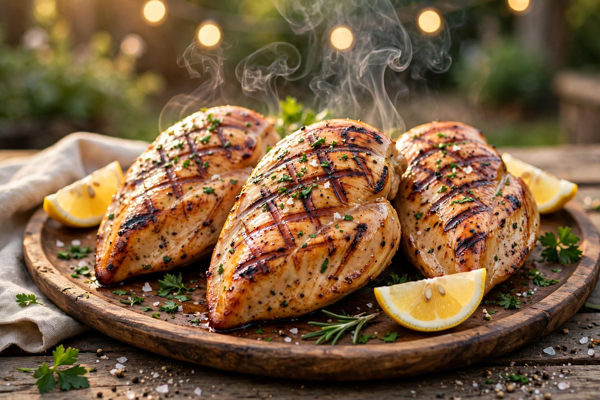 Juicy grilled chicken breast with perfect grill marks on a platter with lemon and herbs