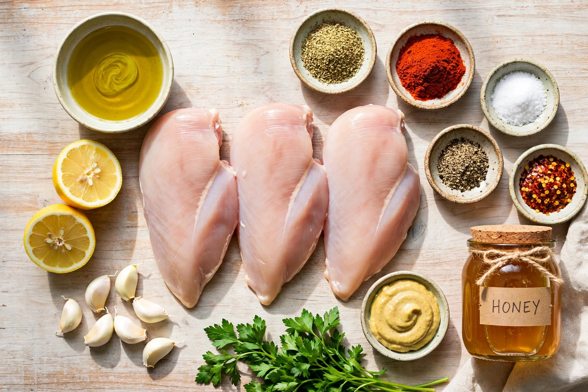 Ingredients for grilled chicken marinade arranged on a countertop