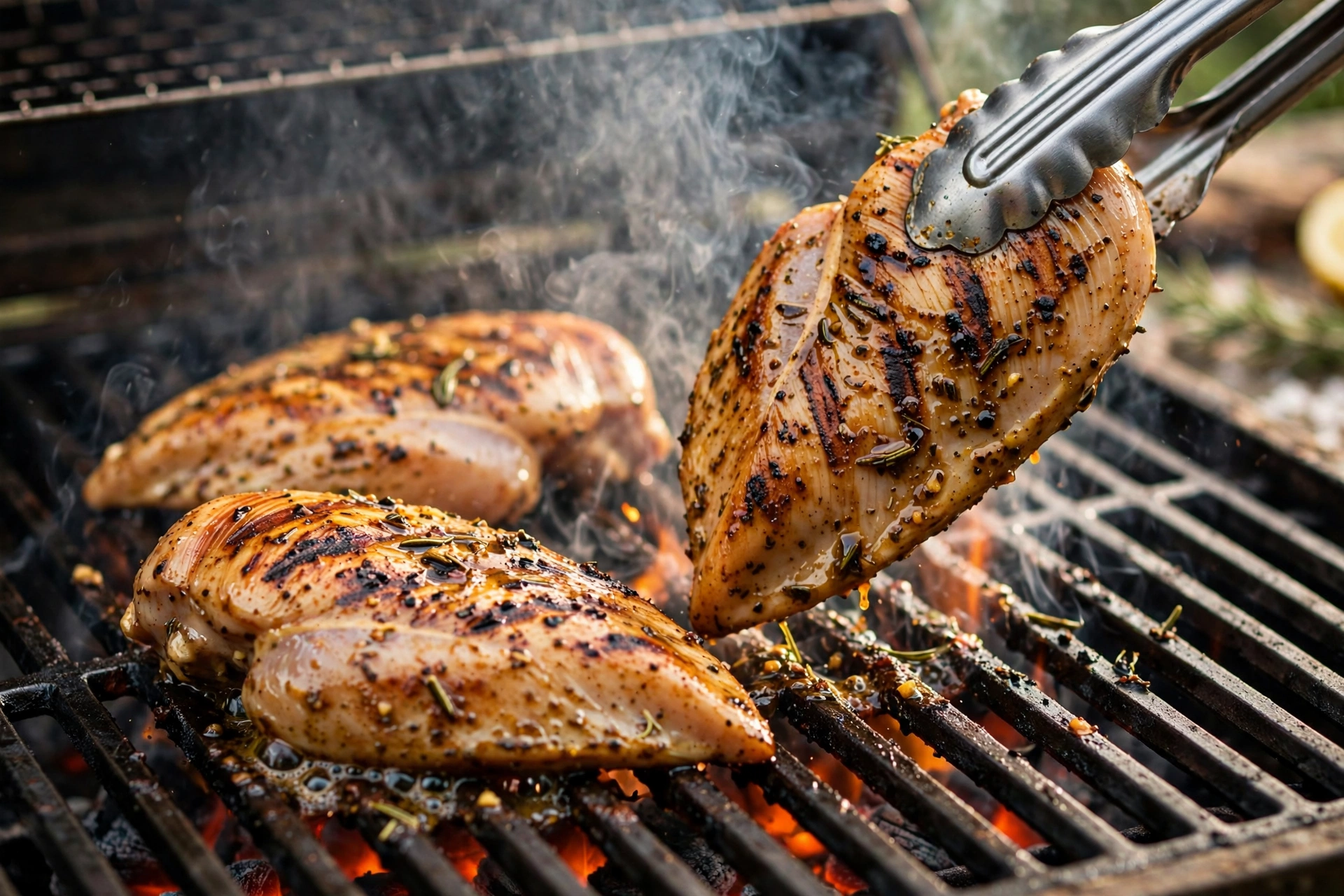 Grilling marinated chicken breasts on a hot grill with visible grill marks
