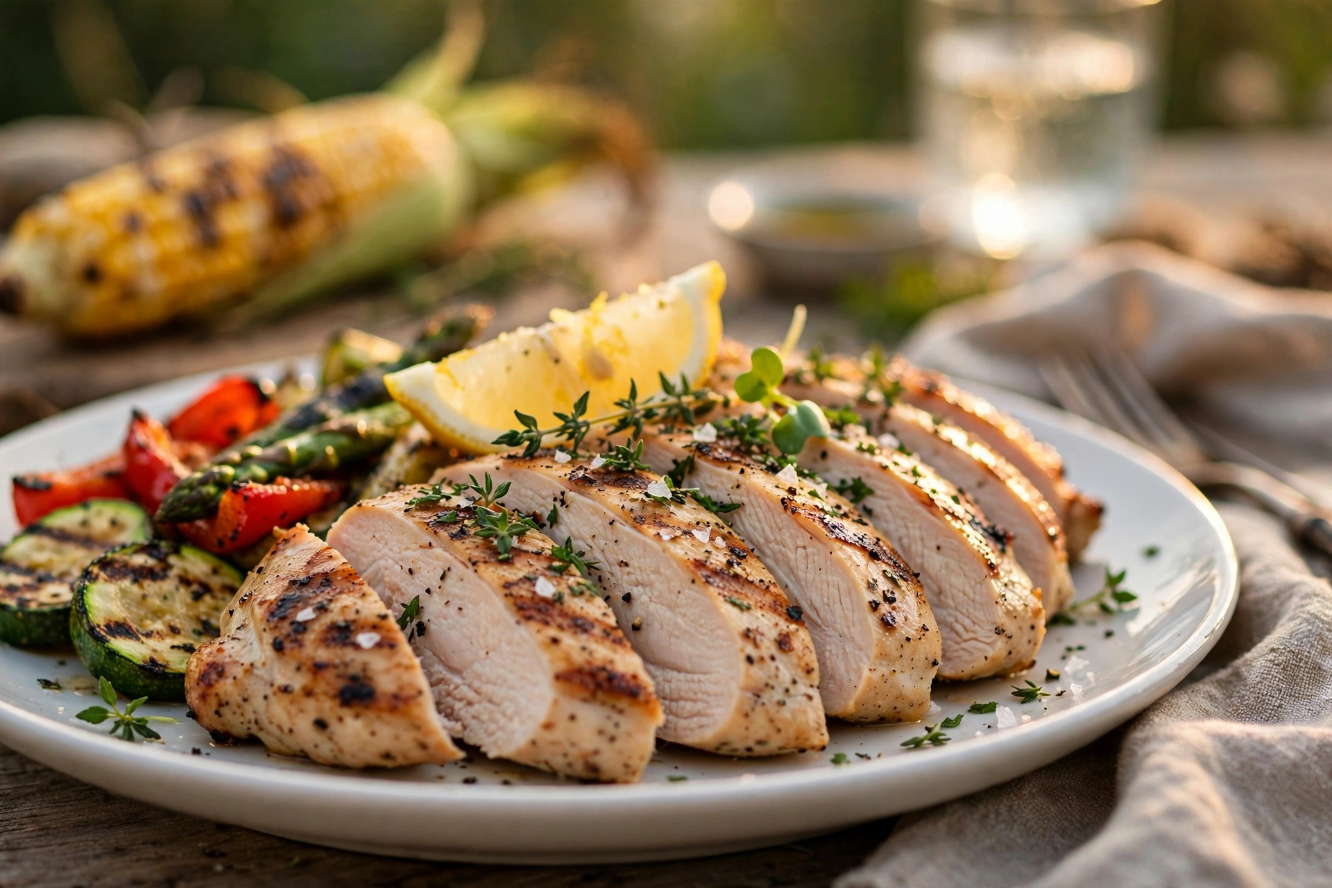 Sliced grilled chicken breast served on a platter with lemon wedges and fresh herbs