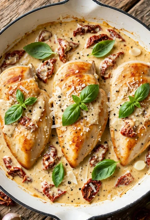 Marry Me Chicken in a creamy sun-dried tomato sauce in a skillet