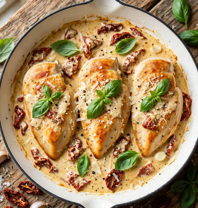 Marry Me Chicken in a creamy sun-dried tomato sauce in a skillet