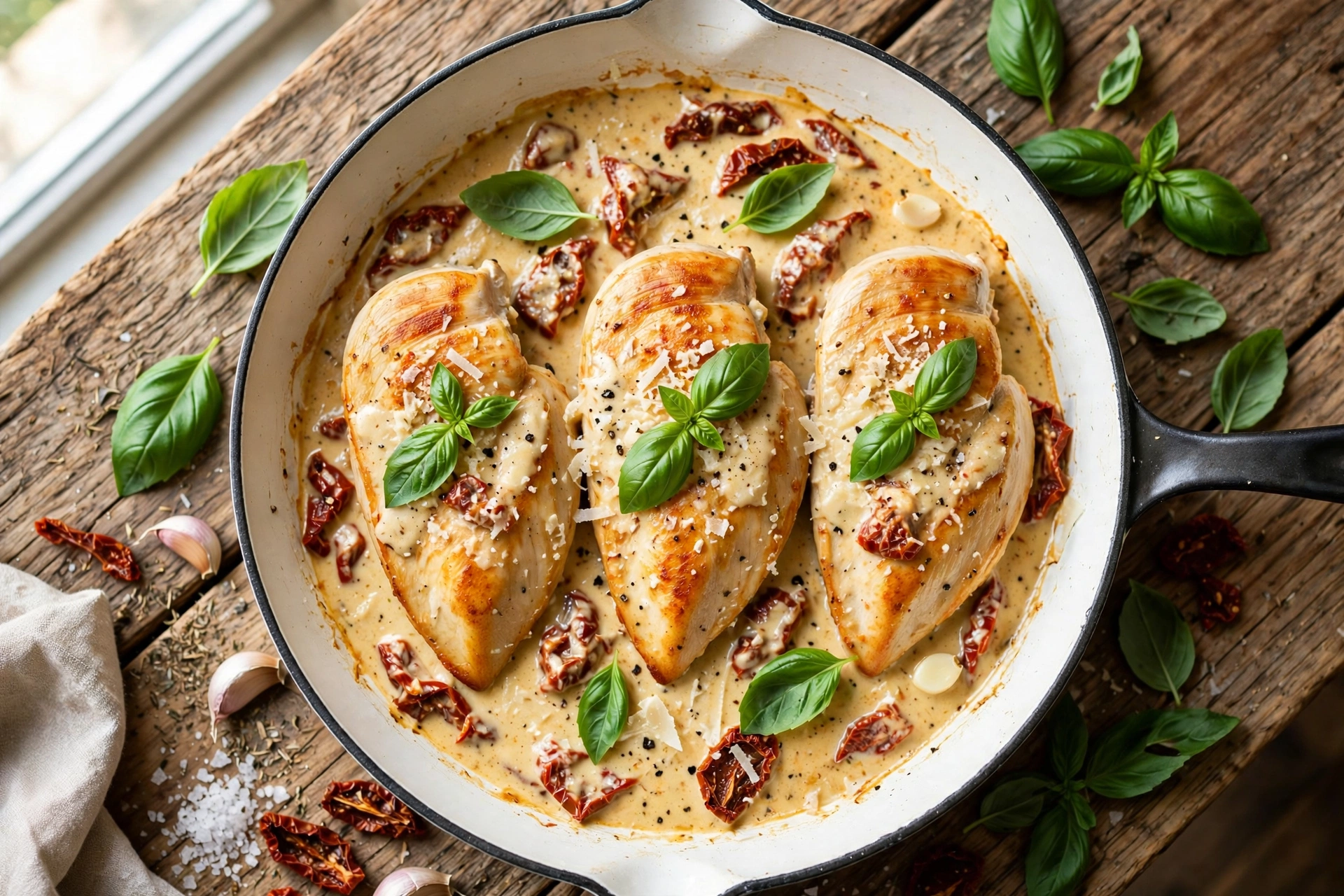 Marry Me Chicken in a creamy sun-dried tomato sauce in a skillet
