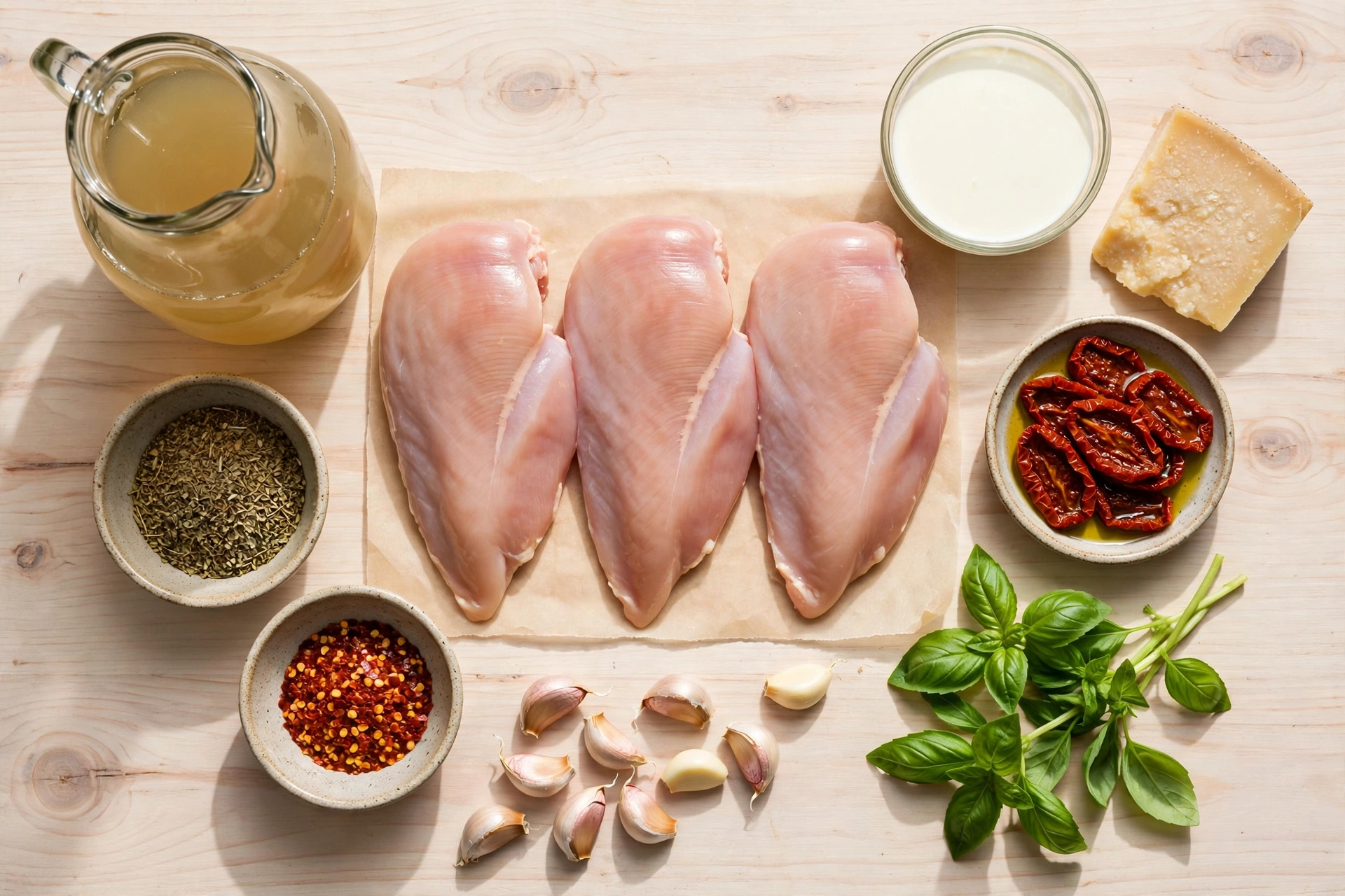 Marry me chicken ingredients on a wooden table