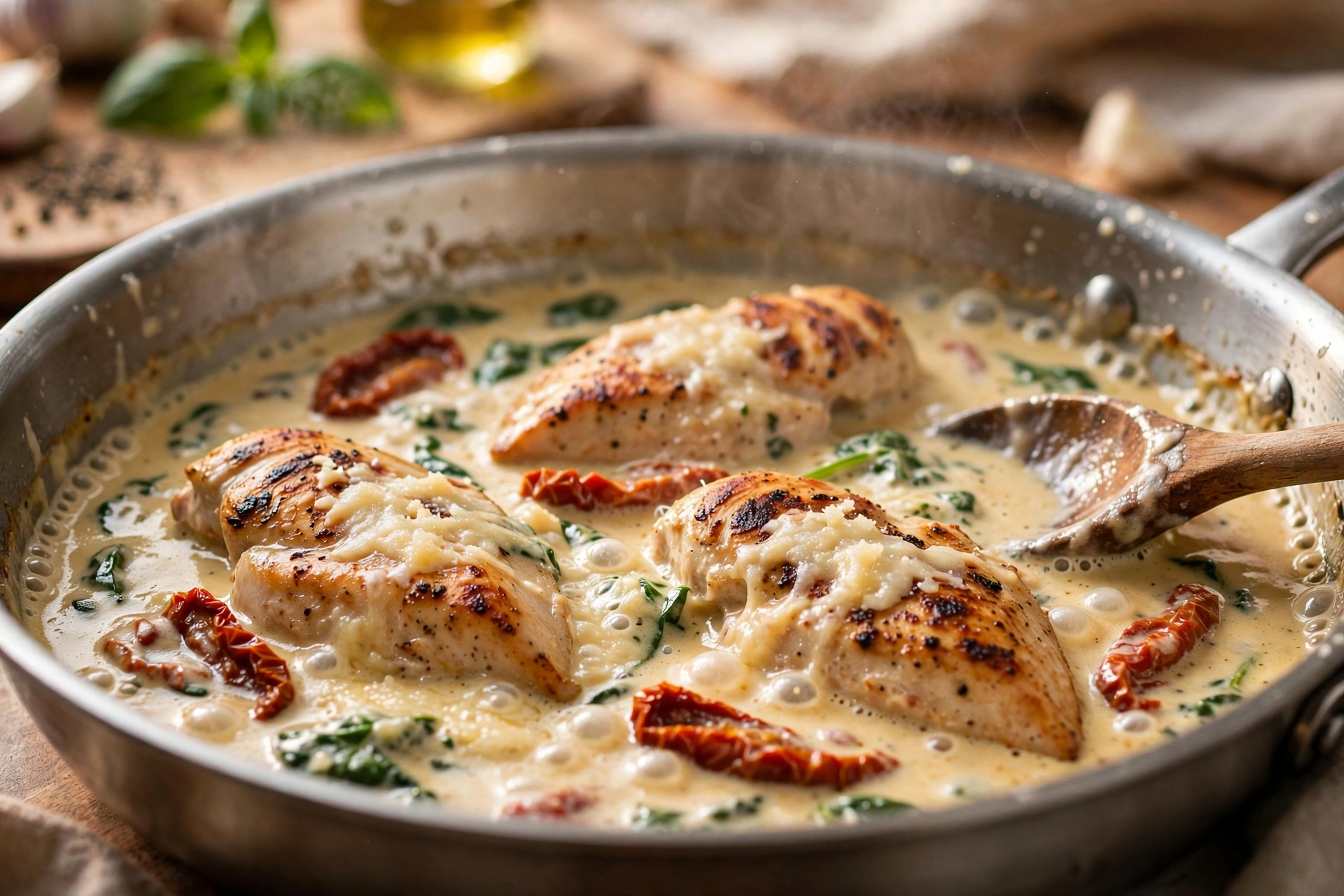 Creamy Tuscan sauce simmering with chicken in a skillet