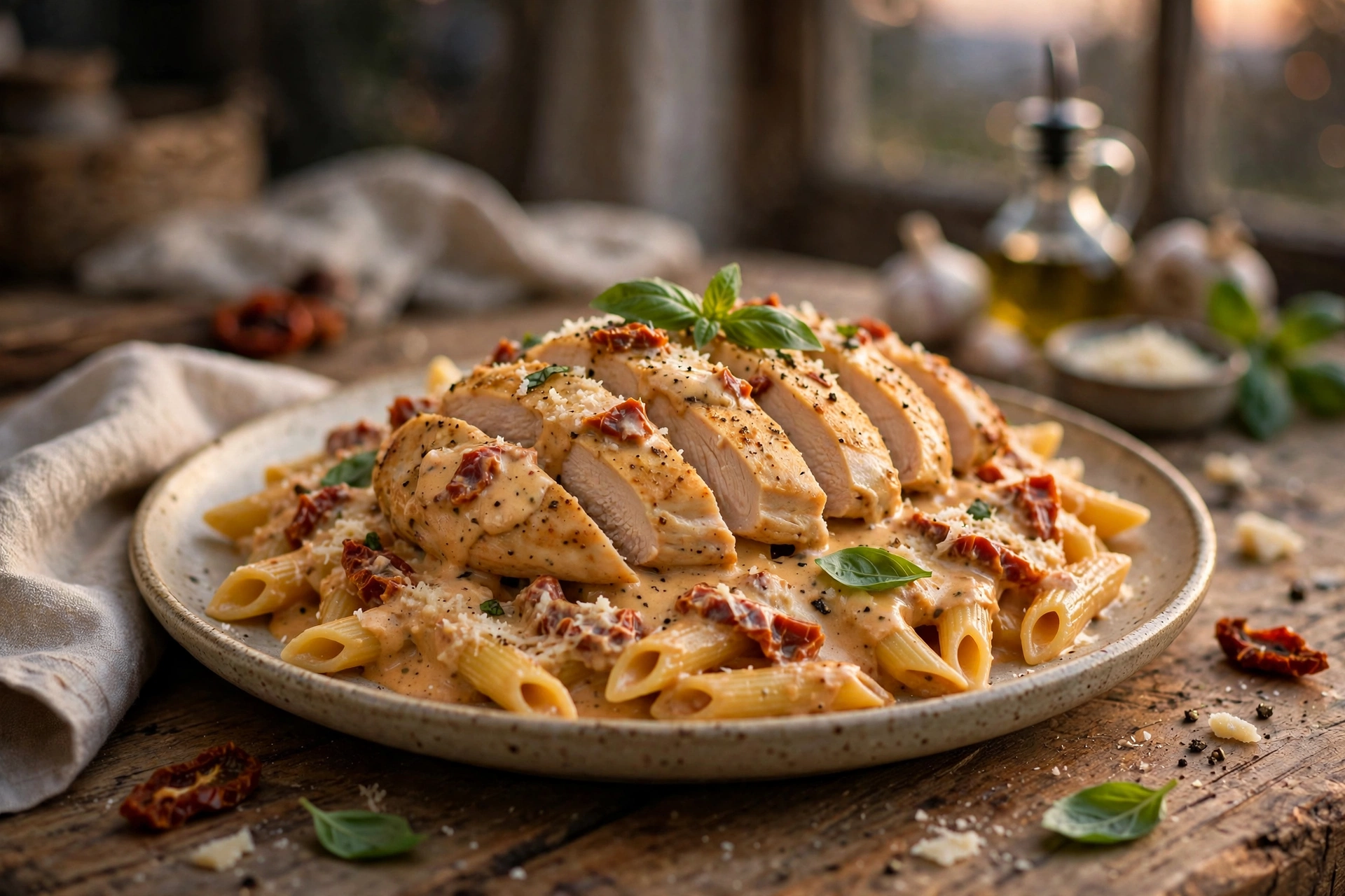 Sliced marry me chicken over penne pasta