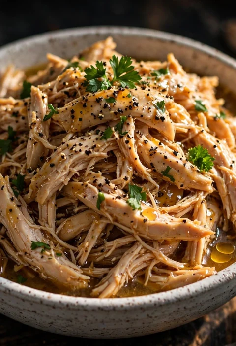 Slow cooker shredded chicken piled in a rustic bowl with savory sauce and fresh parsley