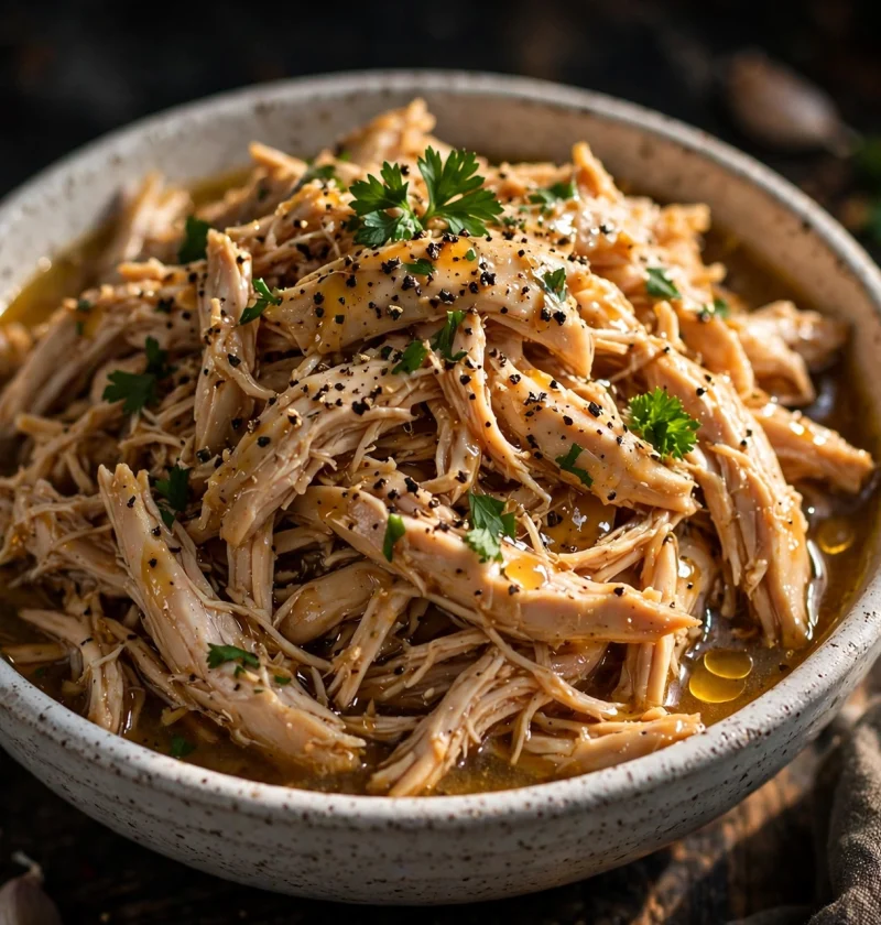 Slow cooker shredded chicken piled in a rustic bowl with savory sauce and fresh parsley