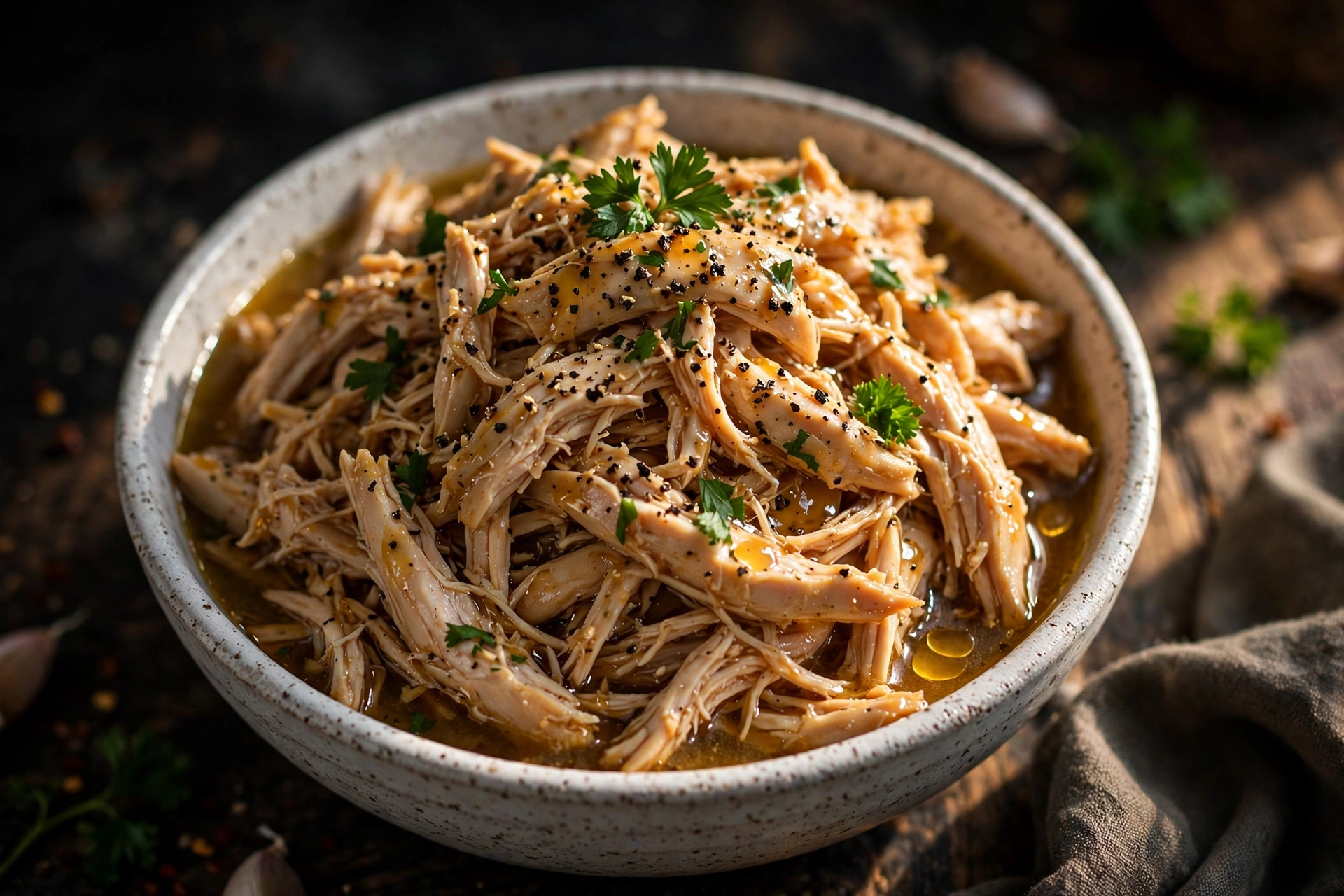 Slow cooker shredded chicken piled in a rustic bowl with savory sauce and fresh parsley