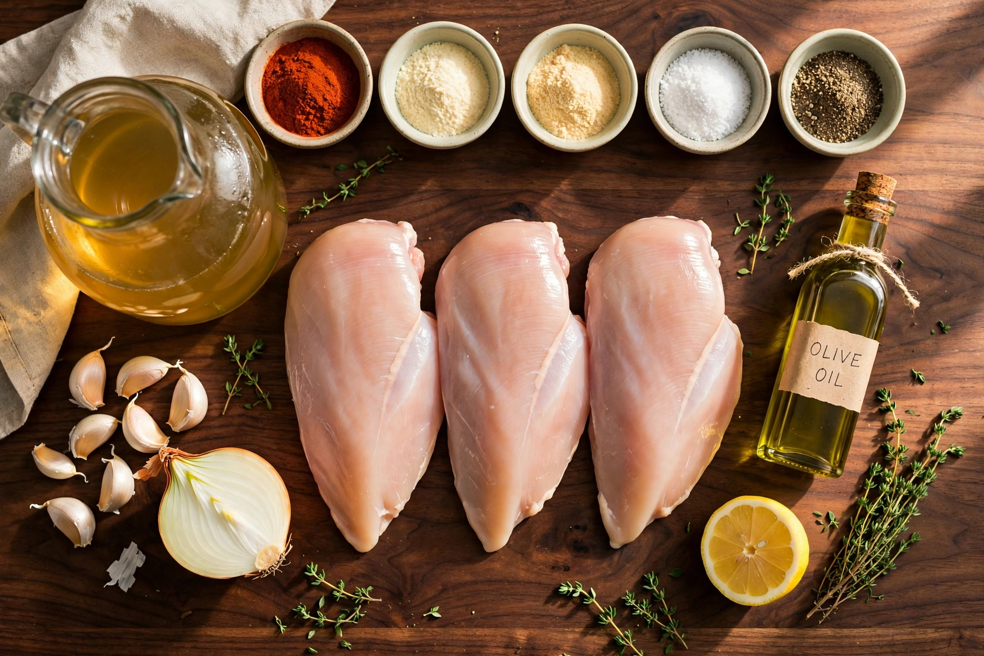 Ingredients for slow cooker chicken including chicken breasts, chicken broth, garlic, onion, olive oil and spice rub