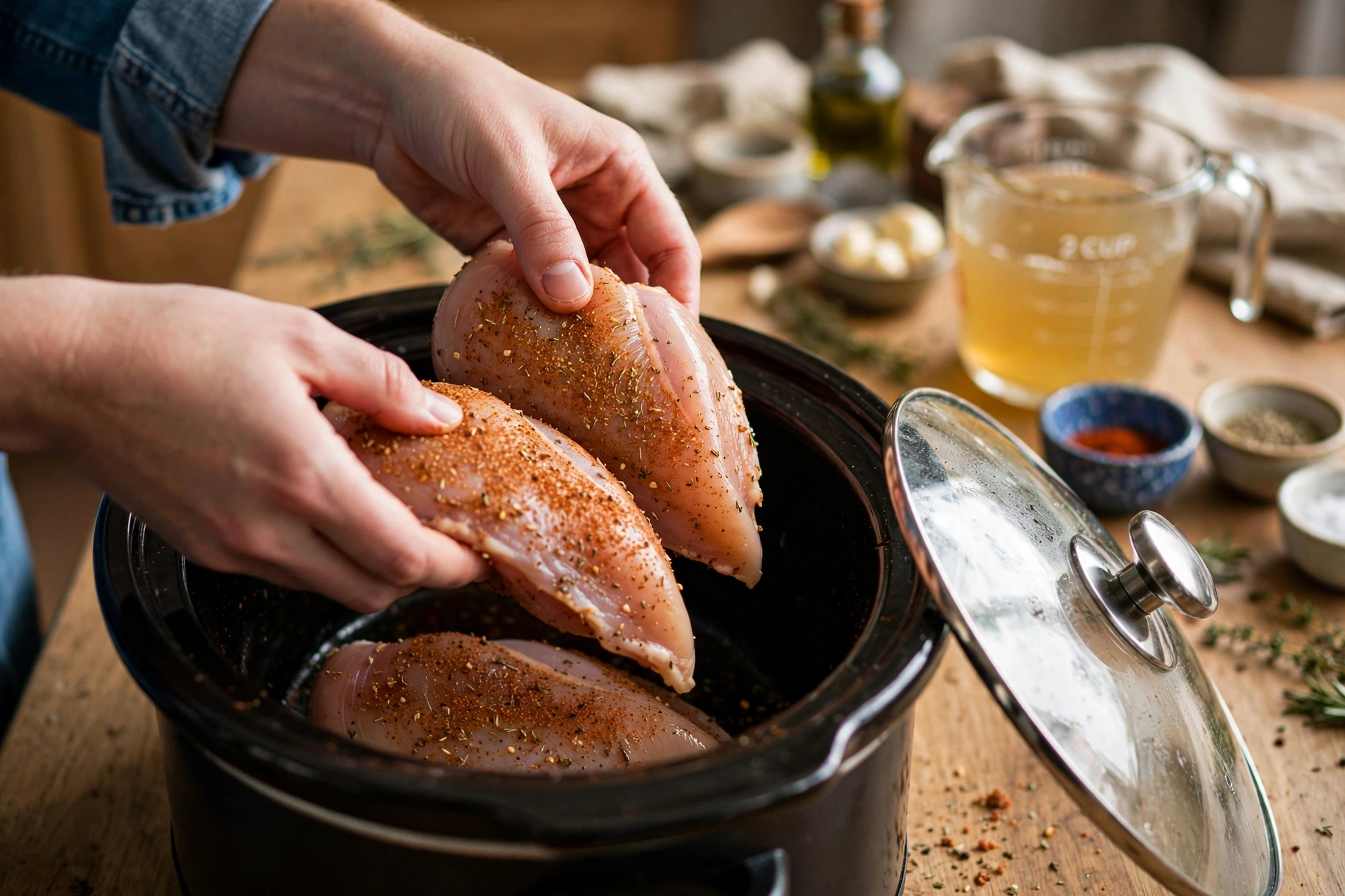 Seasoned chicken breasts arranged in a slow cooker with onion, garlic and chicken broth