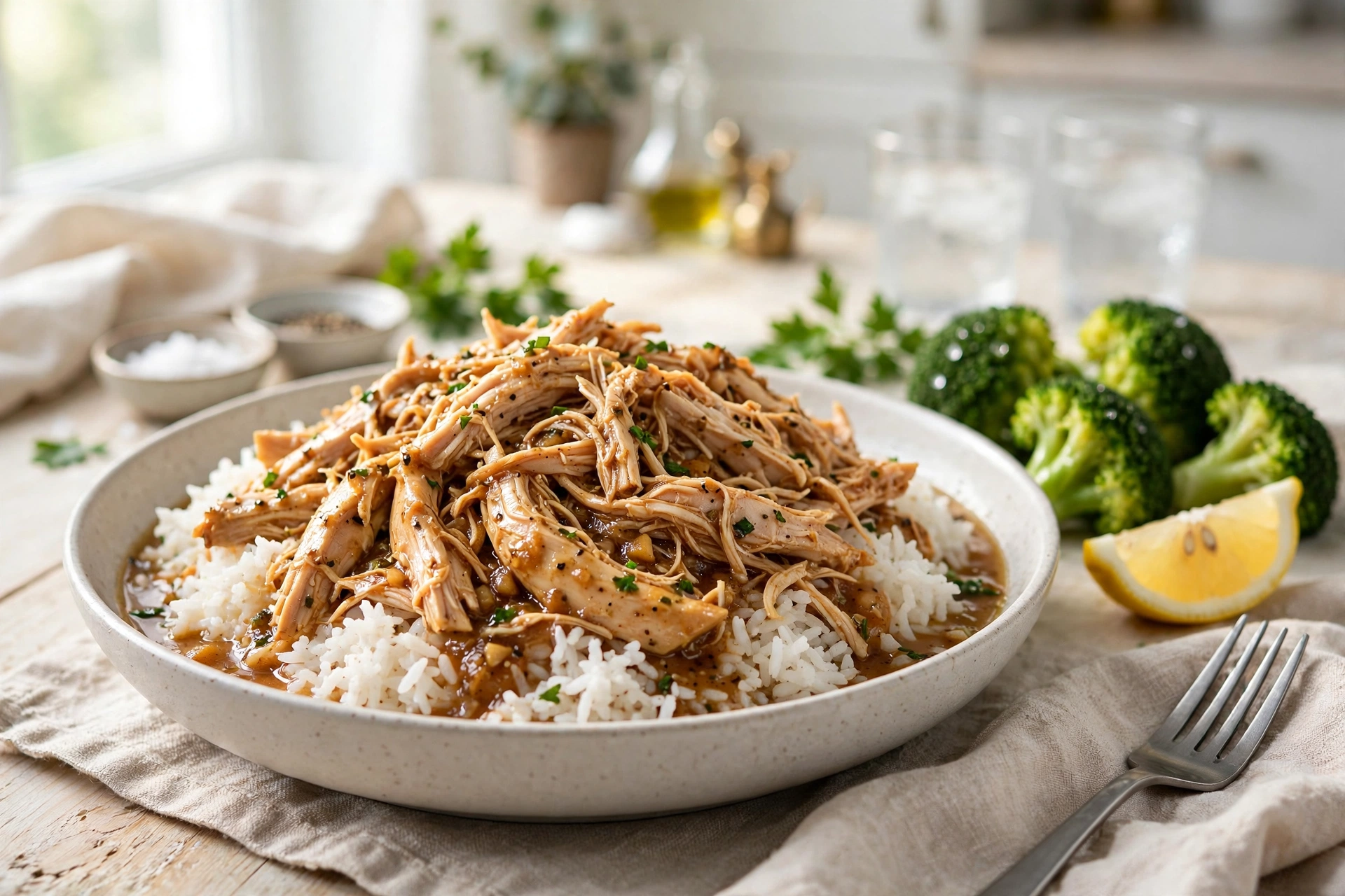 Shredded slow cooker chicken served in a bowl with its savory cooking juices