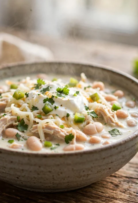 Creamy white chicken chili in a bowl topped with sour cream, shredded cheese, cilantro and jalapeno