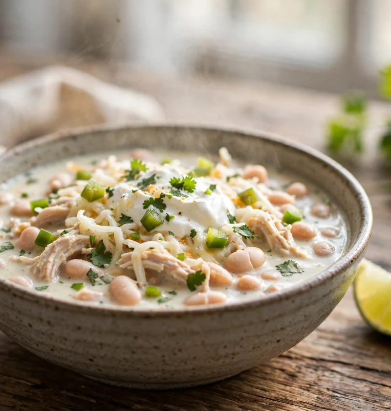 Creamy white chicken chili in a bowl topped with sour cream, shredded cheese, cilantro and jalapeno