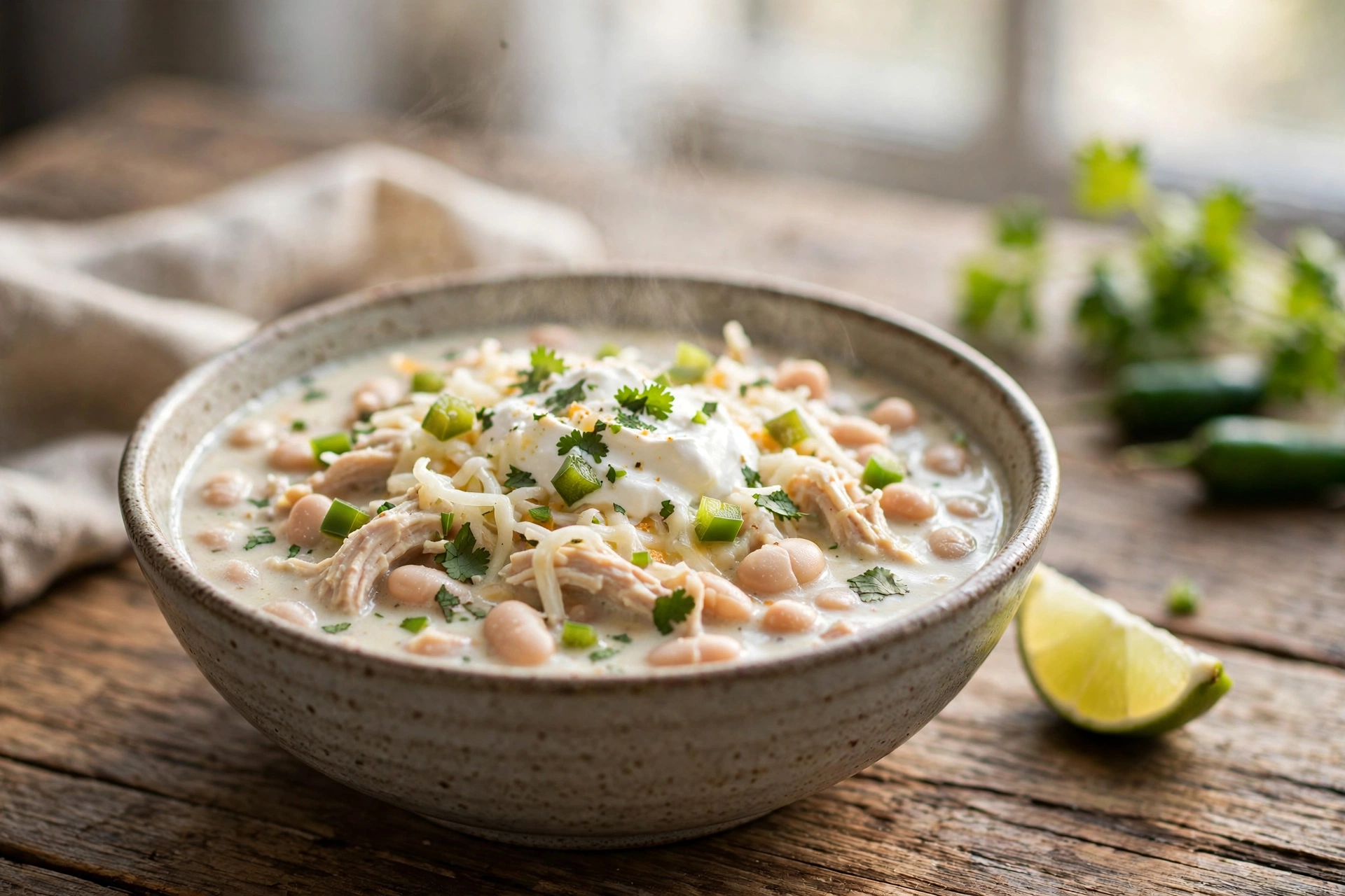 Creamy white chicken chili in a bowl topped with sour cream, shredded cheese, cilantro and jalapeno